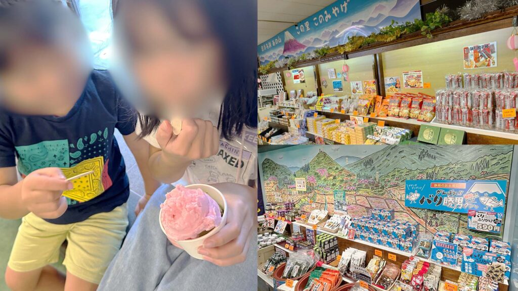 竜ヶ岩洞の売店前でジェラートを食べる子供たち。