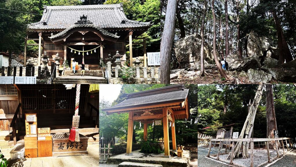 浜松市北区引佐町の天白磐座遺跡にある巨岩群。井伊神社と木々の風景。